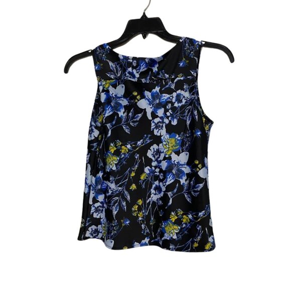 Halogen Floral Bright Blue Black V-Neck Sleeveless Blouse Top XS Polyester - Picture 4 of 12